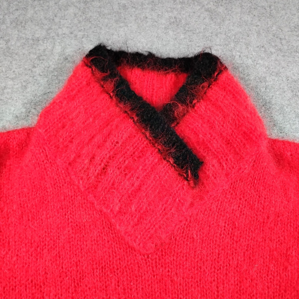 Janet Clark Vintage Hand Knit Mohair Sweater Womens Medium Red Black Fluffy 80s - Picture 2 of 9